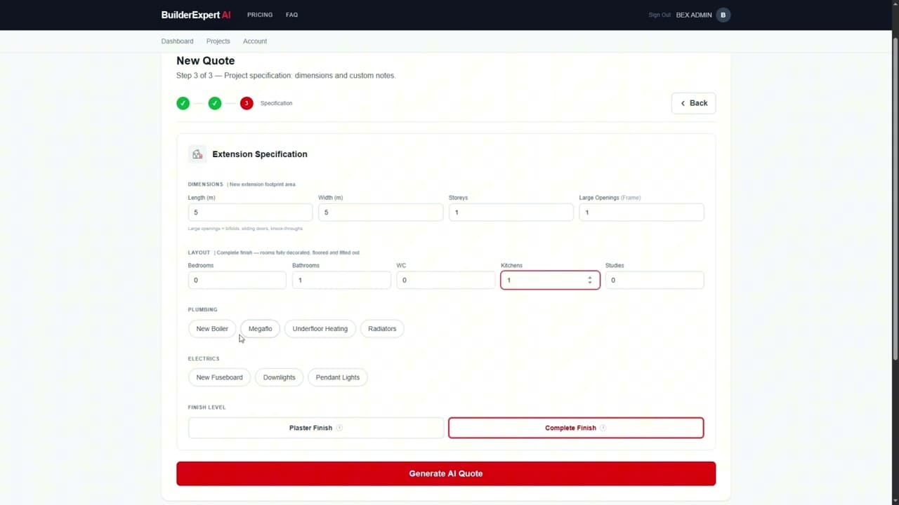 BEX AI demo: a real construction quote in 90 seconds