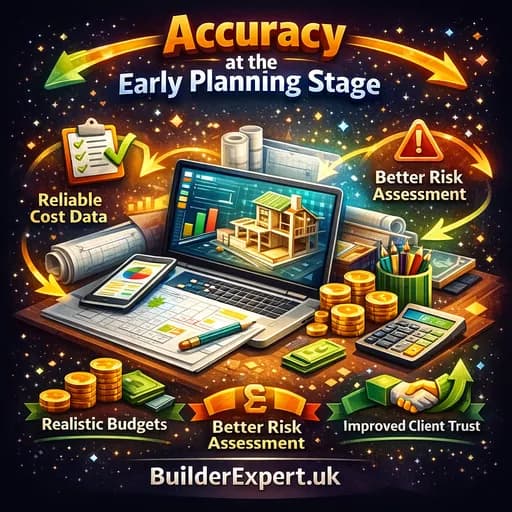 Infographic illustrating accuracy at the early planning stage in residential construction, showing how structured cost data improves budgets, risk assessment, and client confidence