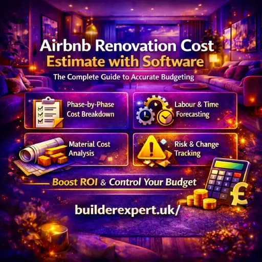Infographic showing how to build an accurate Airbnb renovation cost estimate using software, covering labour, materials and scope