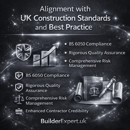 Alignment with UK Construction Standards and Best Practice infographic in dark charcoal and silver design, highlighting BS 6050 compliance, quality assurance, risk management and contractor credibility with bright metallic construction graphics.