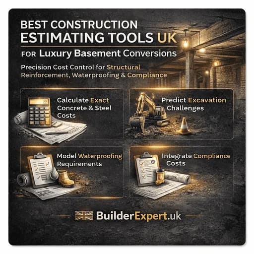 Infographic on construction estimating tools for UK luxury basement conversions, covering structural reinforcement, waterproofing and compli