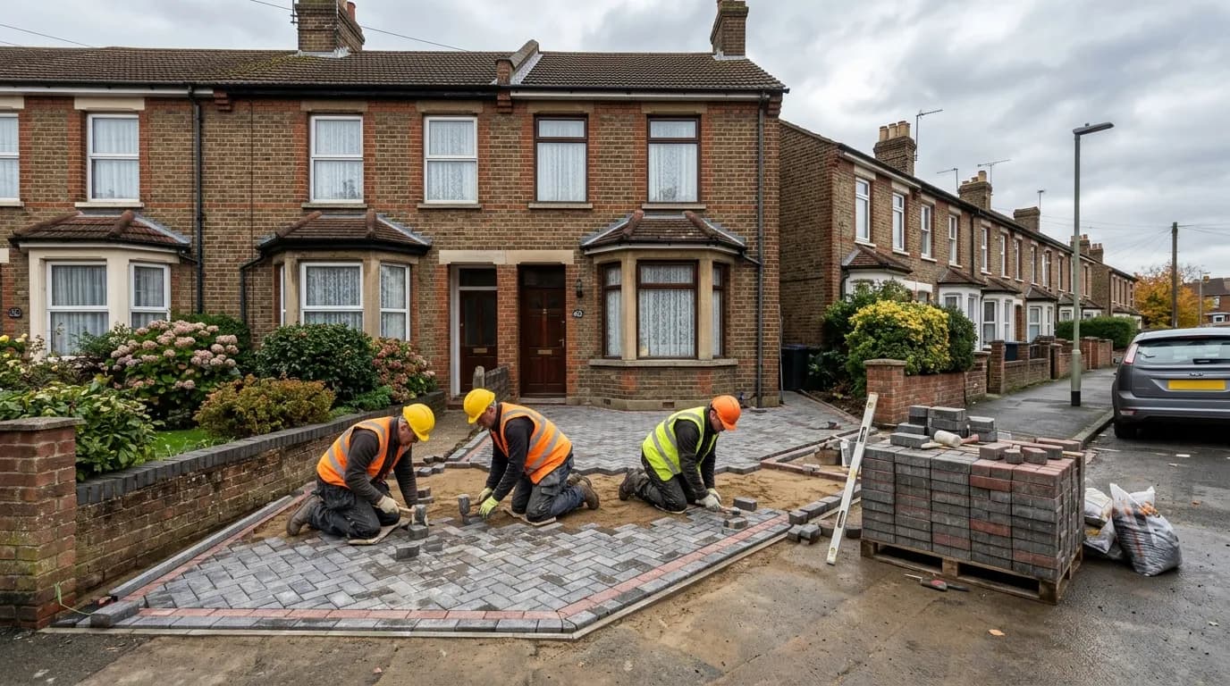 workers laying block paving on a UK driveway