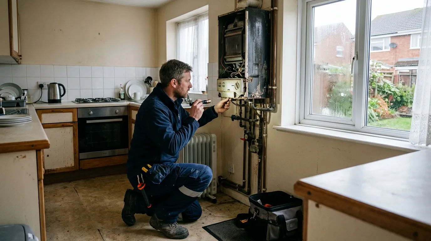heating engineer assessing an old boiler before a new installation