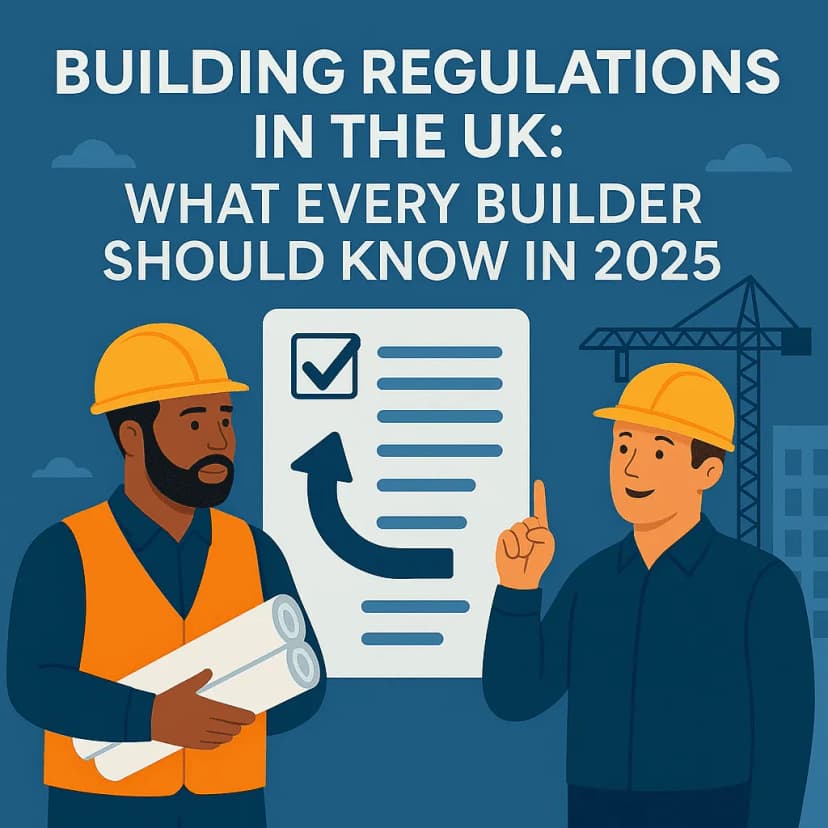 Infographic guide to UK building regulations in 2025 covering energy efficiency, compliance and inspection readiness for builders