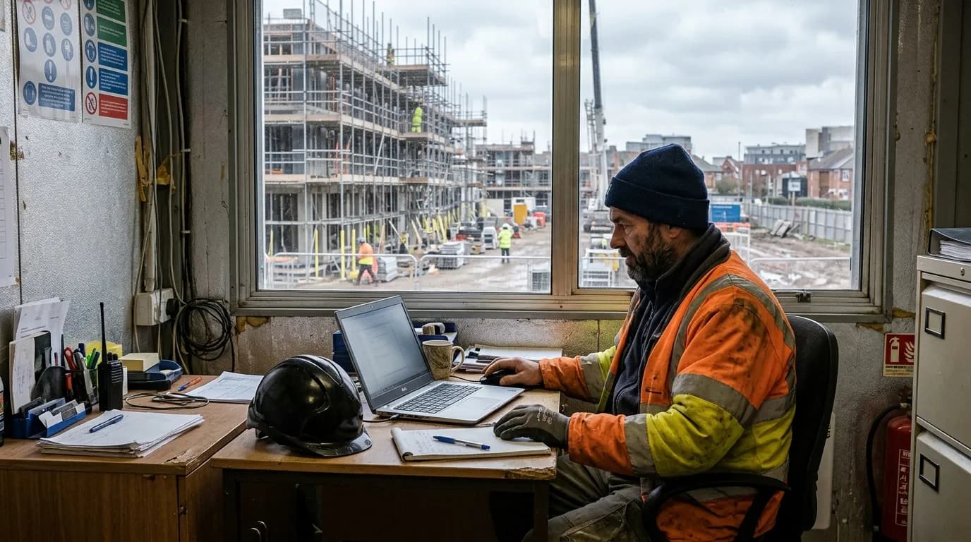 contractor filing a monthly CIS return on a laptop at a UK construction site