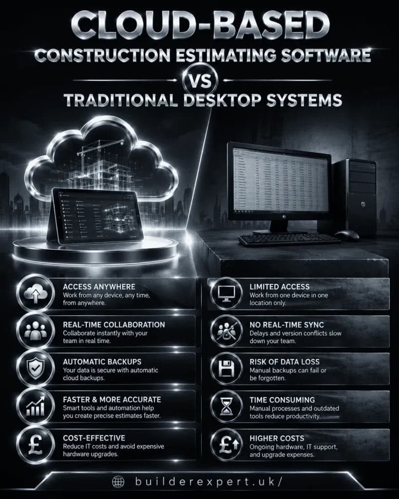 Cloud-Based Construction Estimating Software vs Traditional Desktop Systems infographic comparing accessibility, collaboration, security, and estimating efficiency for construction businesses.