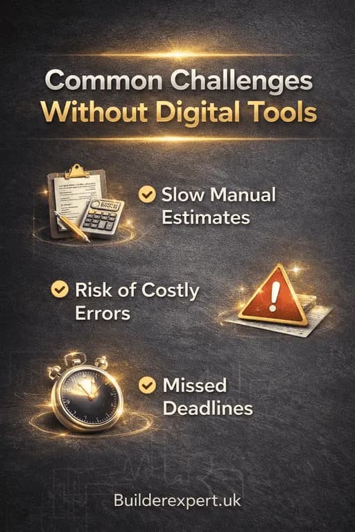 Common challenges without digital tools infographic showing slow estimates errors and missed deadlines in construction