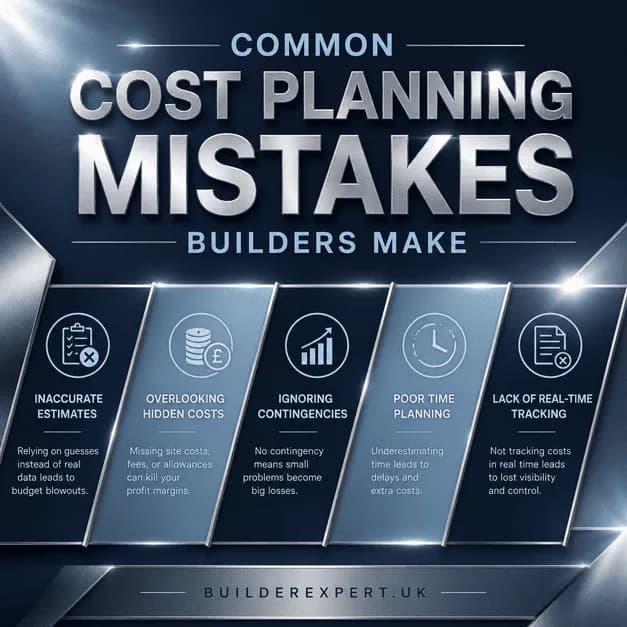 Infographic showing common construction cost planning mistakes UK builders make including inaccurate estimates, hidden costs, and lack of real-time tracking