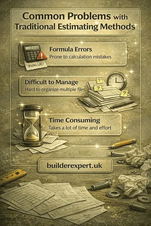 Infographic showing common problems with traditional estimating methods in construction including formula errors, poor organisation, and time-consuming manual calculations.