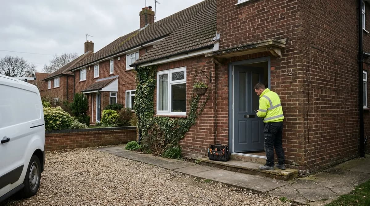 builder fitting a composite front door on a UK house, composite door prices uk