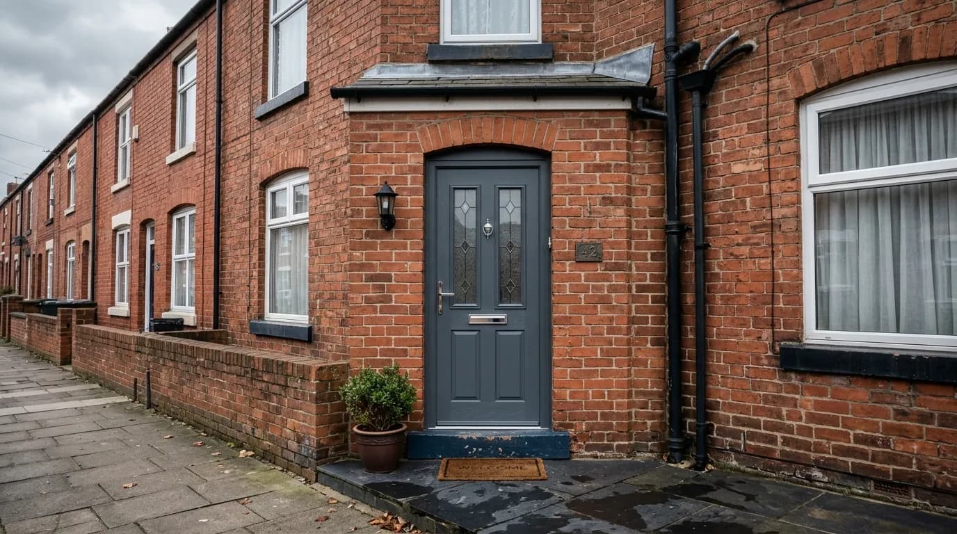 grey composite front door fitted on a UK terraced house