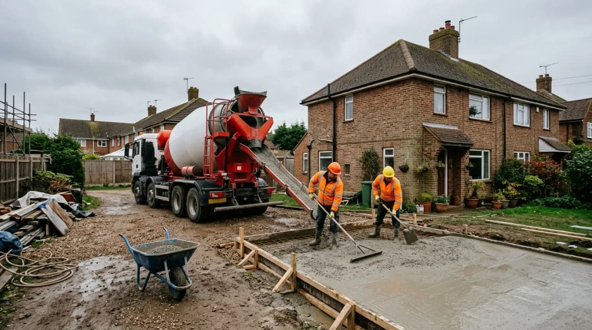 concrete calculator for a UK slab pour from a ready-mix truck