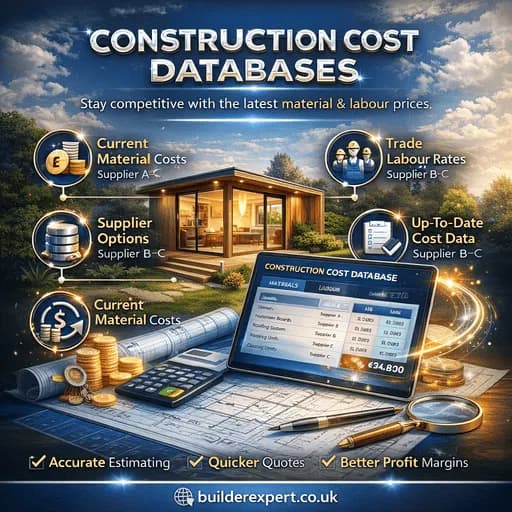 Construction cost databases infographic showing garden room estimating, material prices, labour rates and cost planning for UK contractors