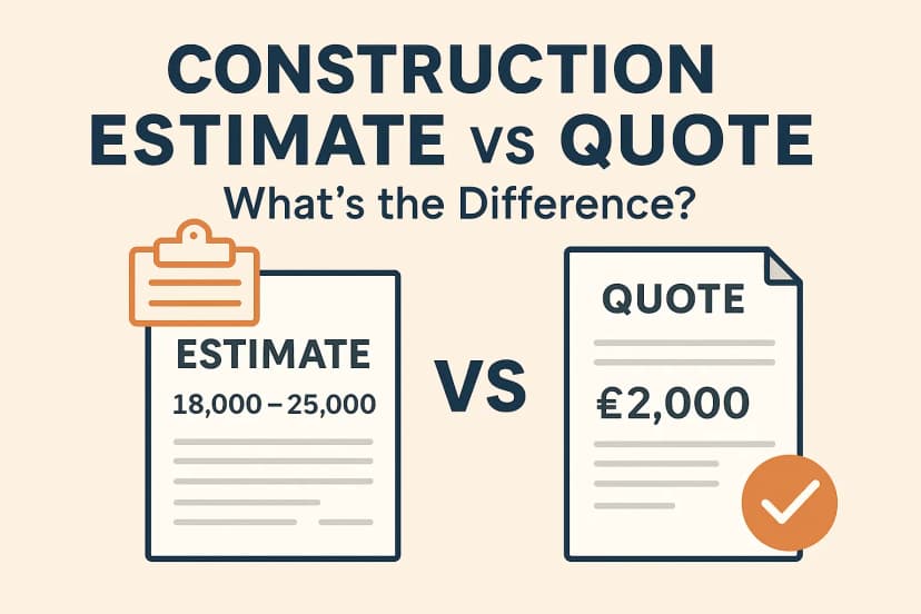 Infographic comparing a construction estimate vs quote, showing differences in content, timing and legal weight for UK builders