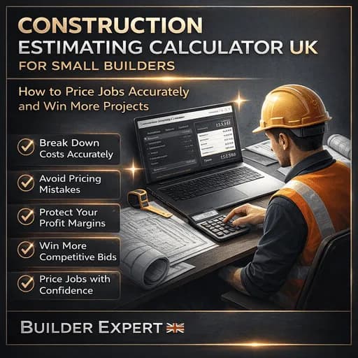 Infographic showing how a UK construction estimating calculator breaks jobs into materials, labour, overheads and profit for small builders