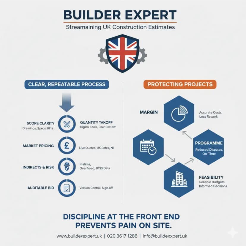 Infographic showing the UK construction estimating process from takeoff to priced, defensible estimate