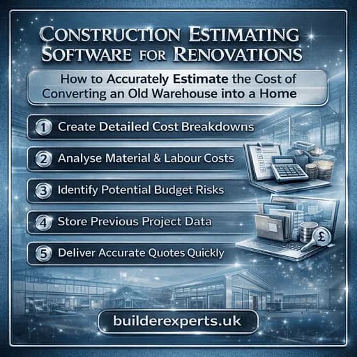 Infographic on using construction estimating software for renovations to cost a warehouse conversion into a home