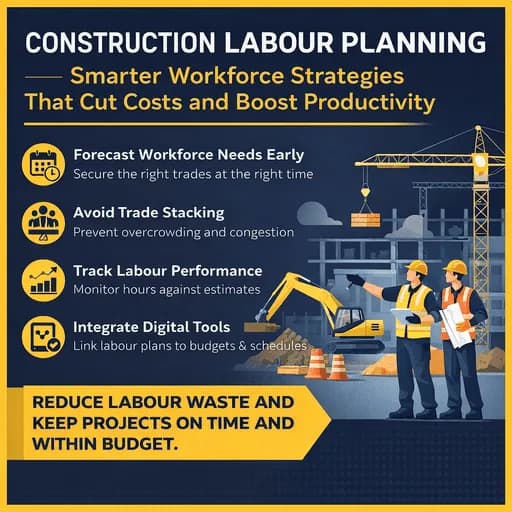 Infographic on construction labour planning showing workforce strategies to cut costs and boost site productivity