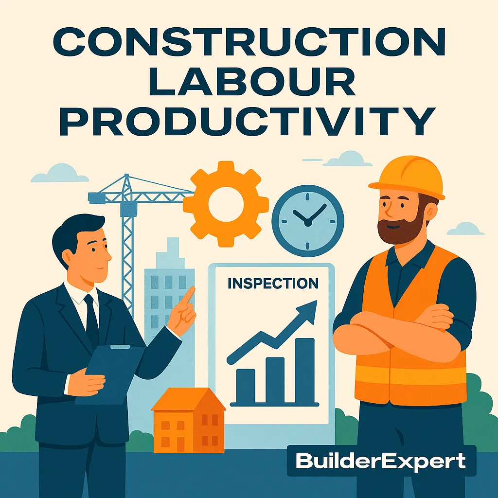 Infographic explaining construction labour productivity with UK strategies to build more with less and protect margins