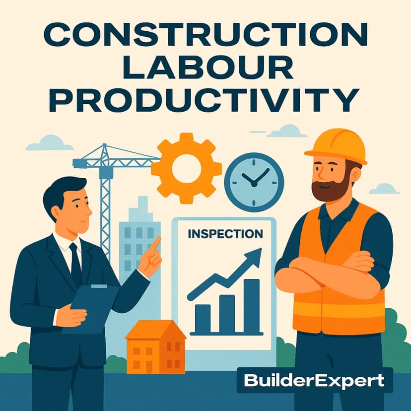 Infographic explaining construction labour productivity with UK strategies to build more with less and protect margins