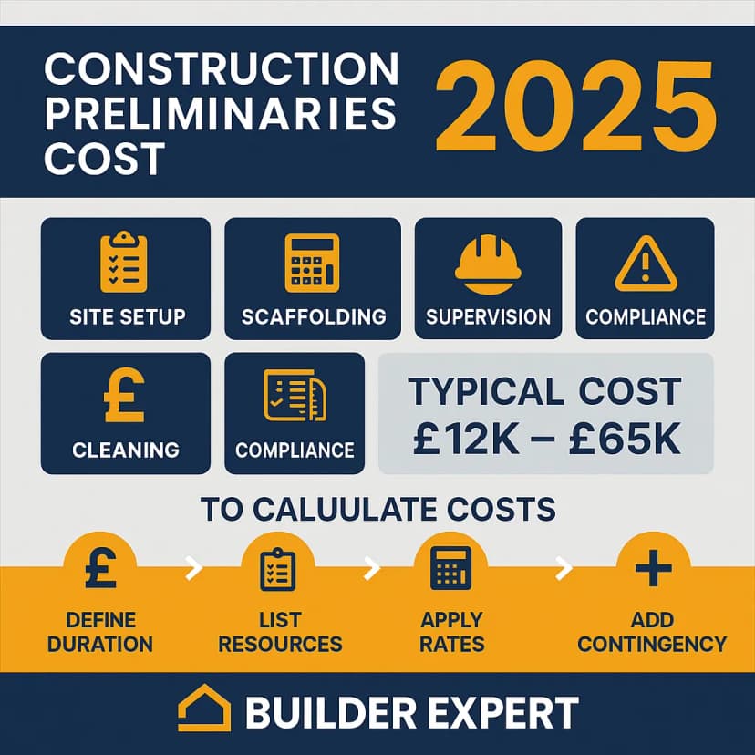 Infographic explaining construction preliminaries cost for UK builders, with 2025 cost ranges and core estimating categories