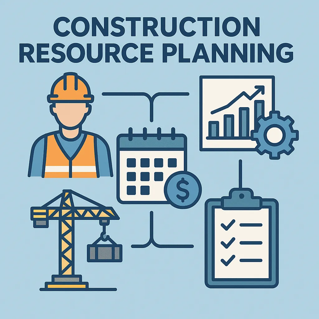 Infographic on construction resource planning showing how to manage labour, materials and equipment on UK building projects