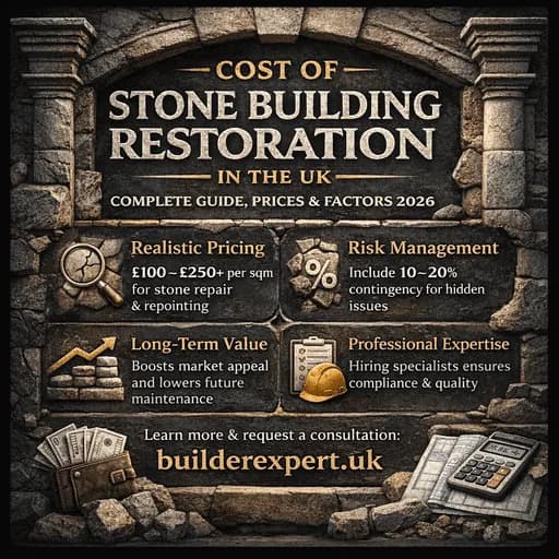 Infographic showing UK stone building restoration costs, price ranges and key factors for 2026