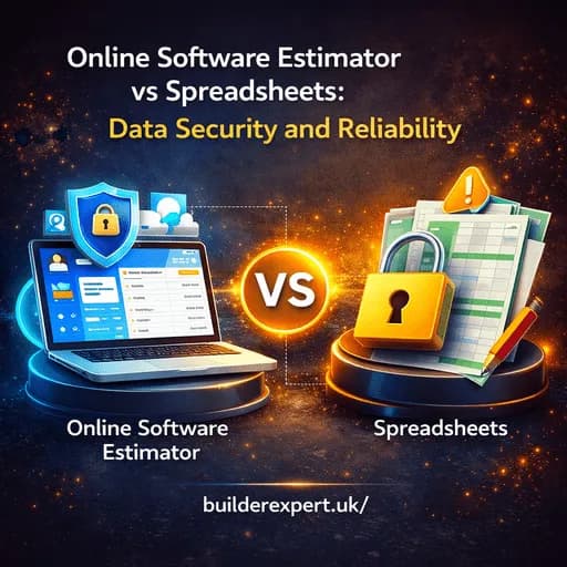 Online Software Estimator vs Spreadsheets infographic showing data security and reliability in construction cost estimating