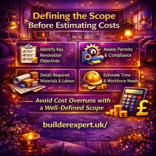 Infographic explaining the importance of defining the renovation scope before estimating costs, highlighting objectives, compliance, materials, labour, and workforce planning for Airbnb projects.
