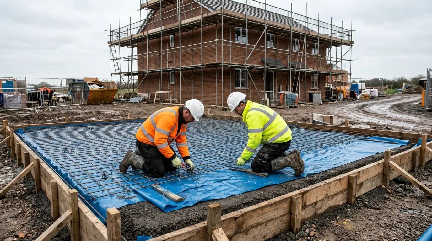 DPM and steel mesh laid ready before a concrete slab pour