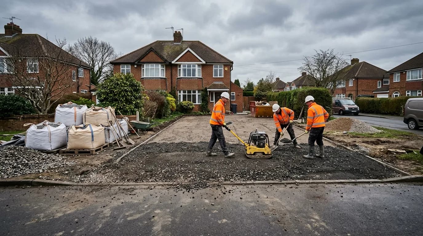 builders preparing a compacted hardcore sub-base for a tarmac driveway