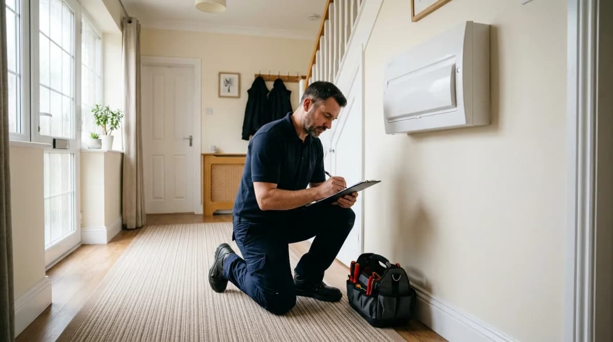 electrician inspecting a consumer unit during an EICR certificate check in a UK house