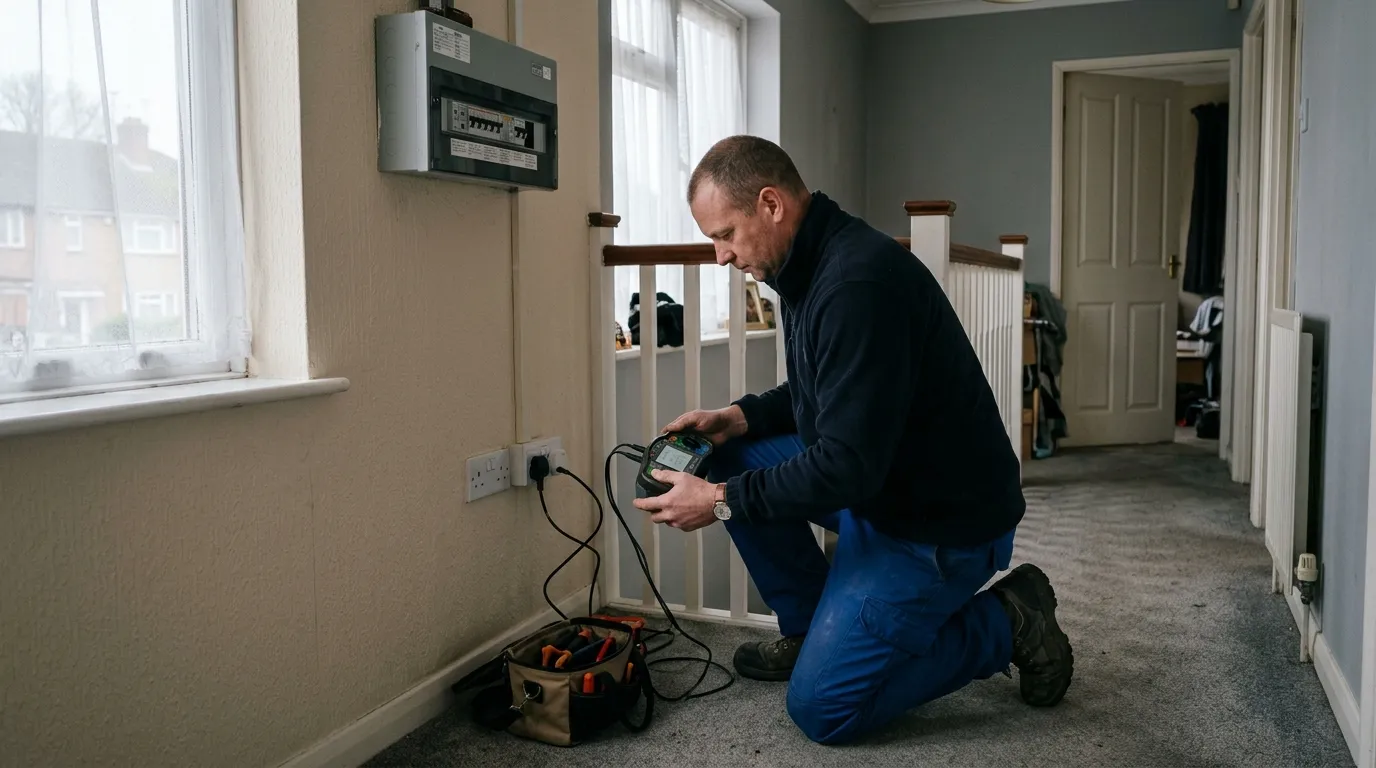 electrician testing a socket as part of an EICR inspection in a UK house