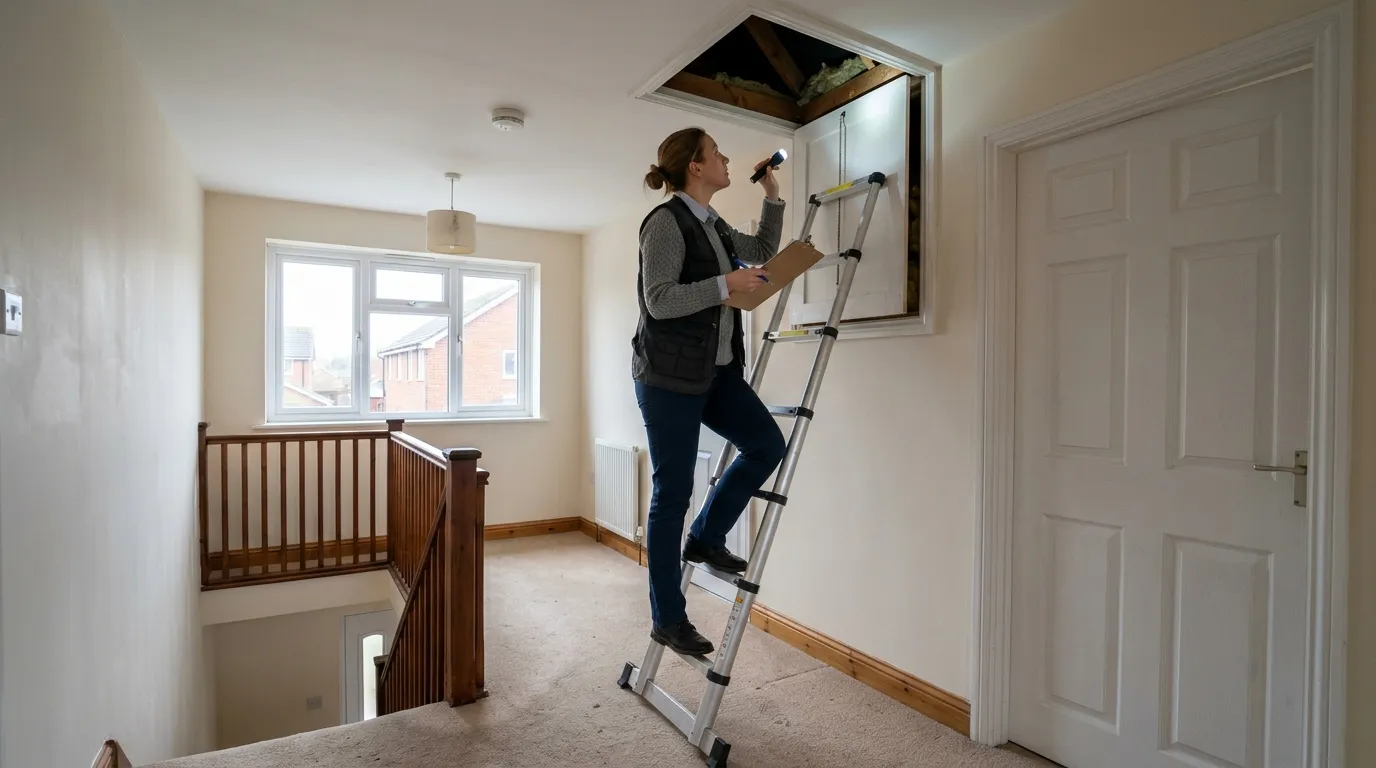 energy assessor checking the loft hatch during an EPC survey of a UK house