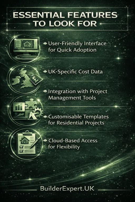 Infographic showing essential features to look for in cost estimating software construction including user-friendly interface, UK cost data, integrations, templates, and cloud access