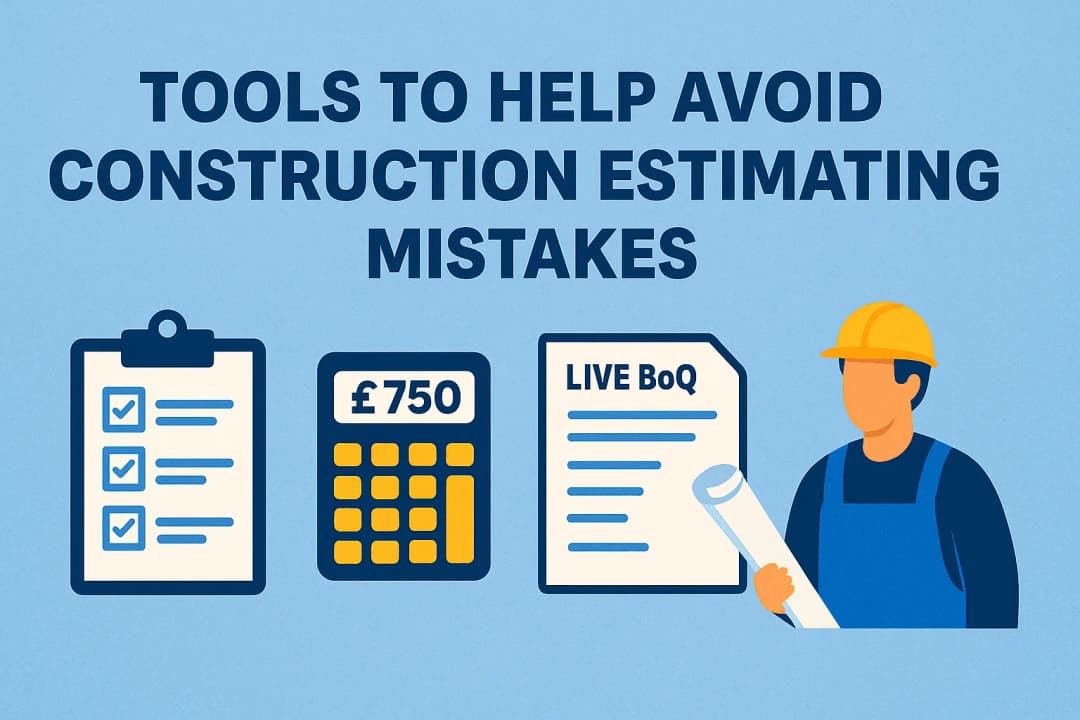 Tools to Help Avoid Construction Estimating Mistakes – infographic showing icons like a checklist, calculator, live BoQ document, and a construction worker, promoting features of construction estimating software