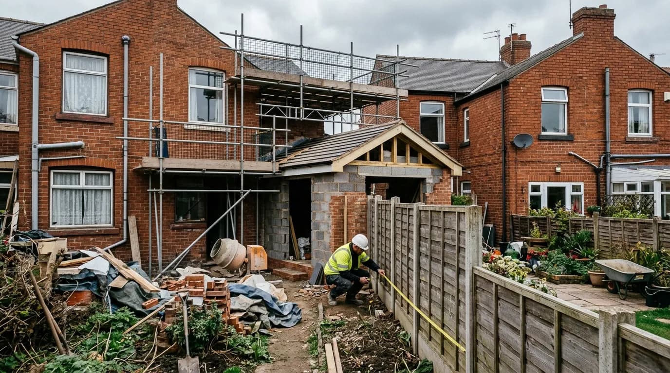 Builder checking the boundary line of a rear extension that needs a party wall agreement