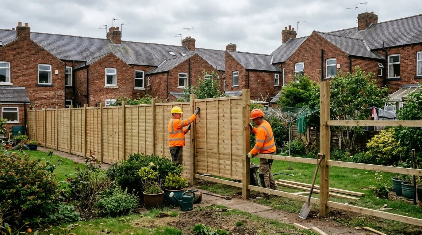 builders installing timber fence panels and posts in a UK garden