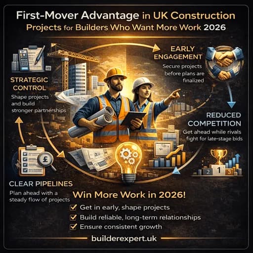 Infographic showing how first mover advantage helps UK builders win more construction work through early positioning