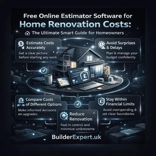 Infographic showing how free online estimator software helps UK homeowners predict home renovation costs