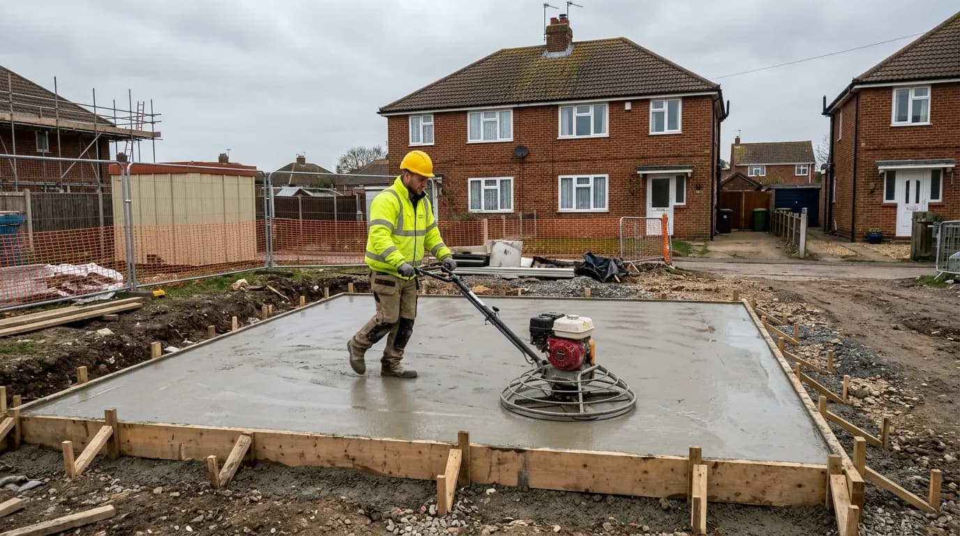 Builder power floating a freshly poured garage base slab