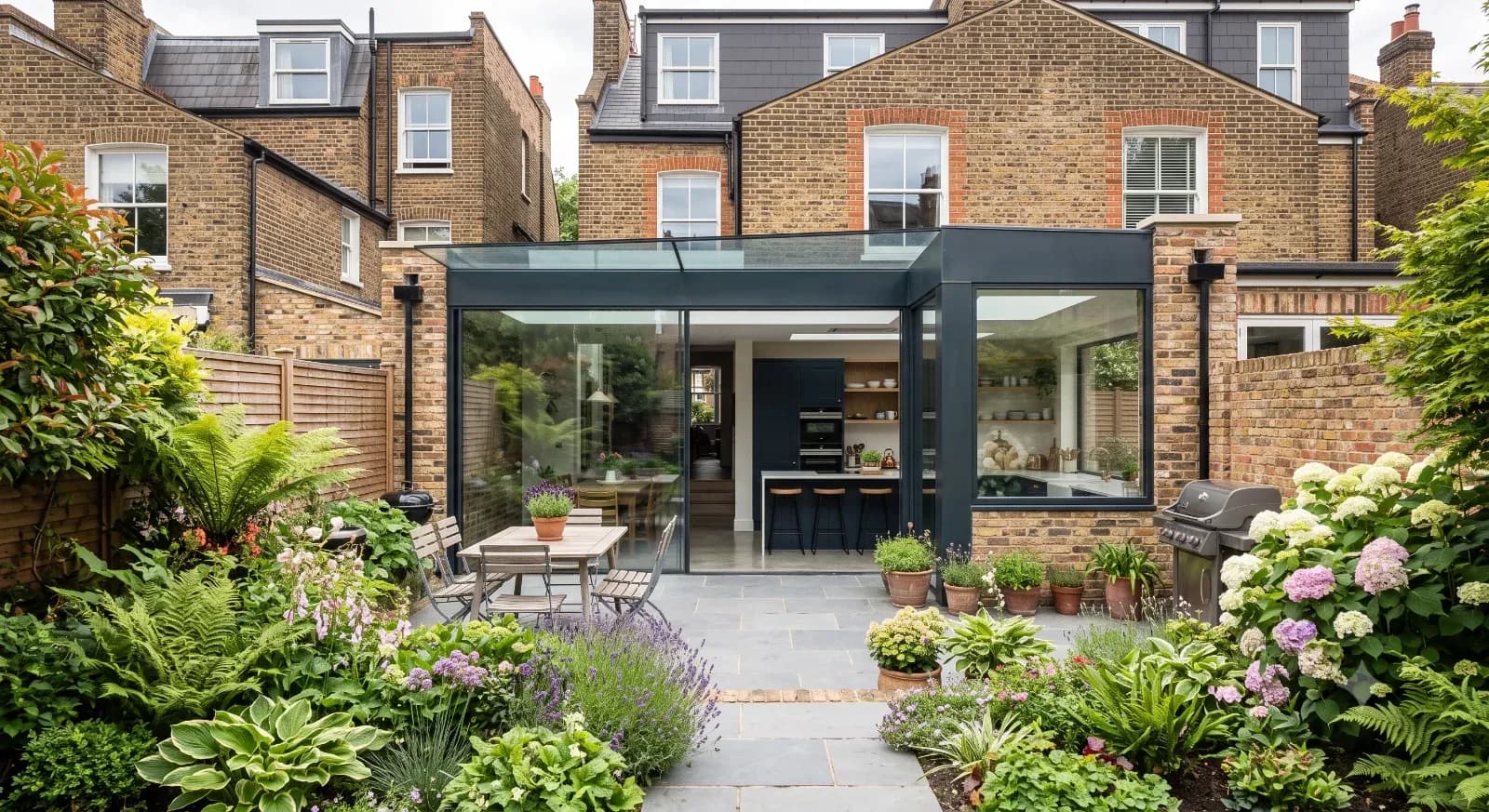 Modern glass and brick single storey rear extension with open kitchen, viewed from a landscaped garden patio