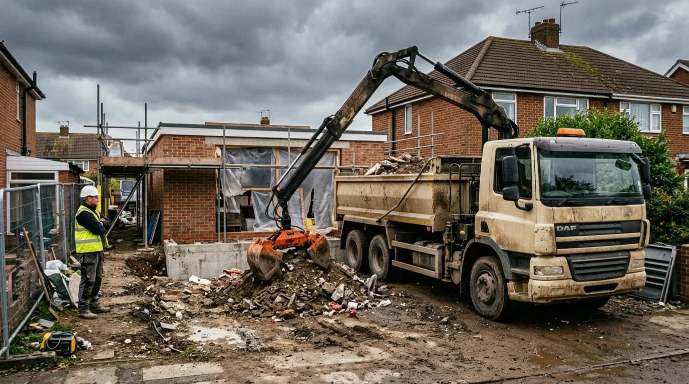 Grab lorry collecting rubble and soil on a UK building site