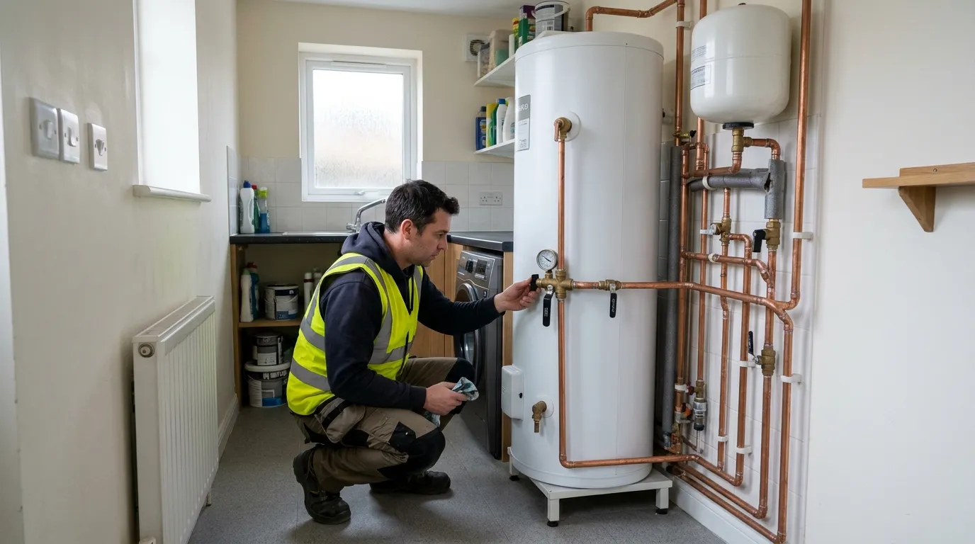 unvented hot water cylinder installed in a UK utility room