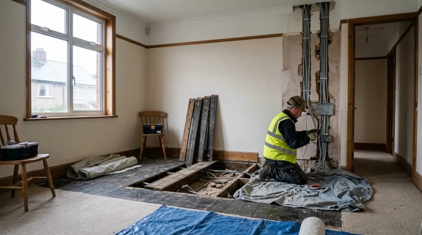 electrician carrying out a full house rewire in a UK property