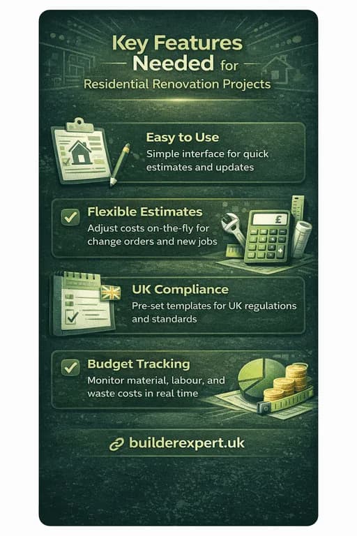 Vertical infographic showing key features needed for residential renovation projects, including flexible estimating, UK compliance, budget tracking, and ease of use for builders.
