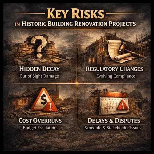 Infographic highlighting key risks in historic building renovation projects, including hidden decay, regulatory changes, cost overruns, and project delays in high-risk renovations