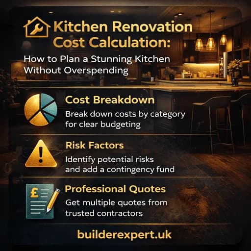 Infographic on kitchen renovation cost calculation showing UK budget breakdown for cabinets, worktops, labour and VAT