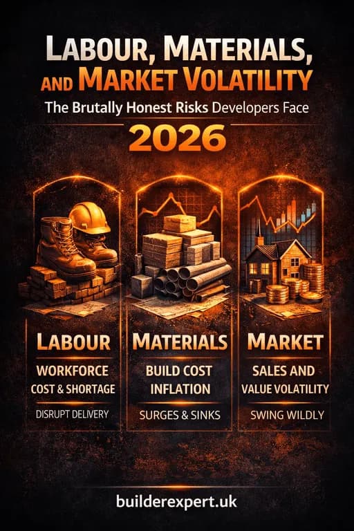 Infographic showing labour, materials, and market volatility in UK residential property development, highlighting workforce shortages, build cost inflation, and sales value risk in 2026.