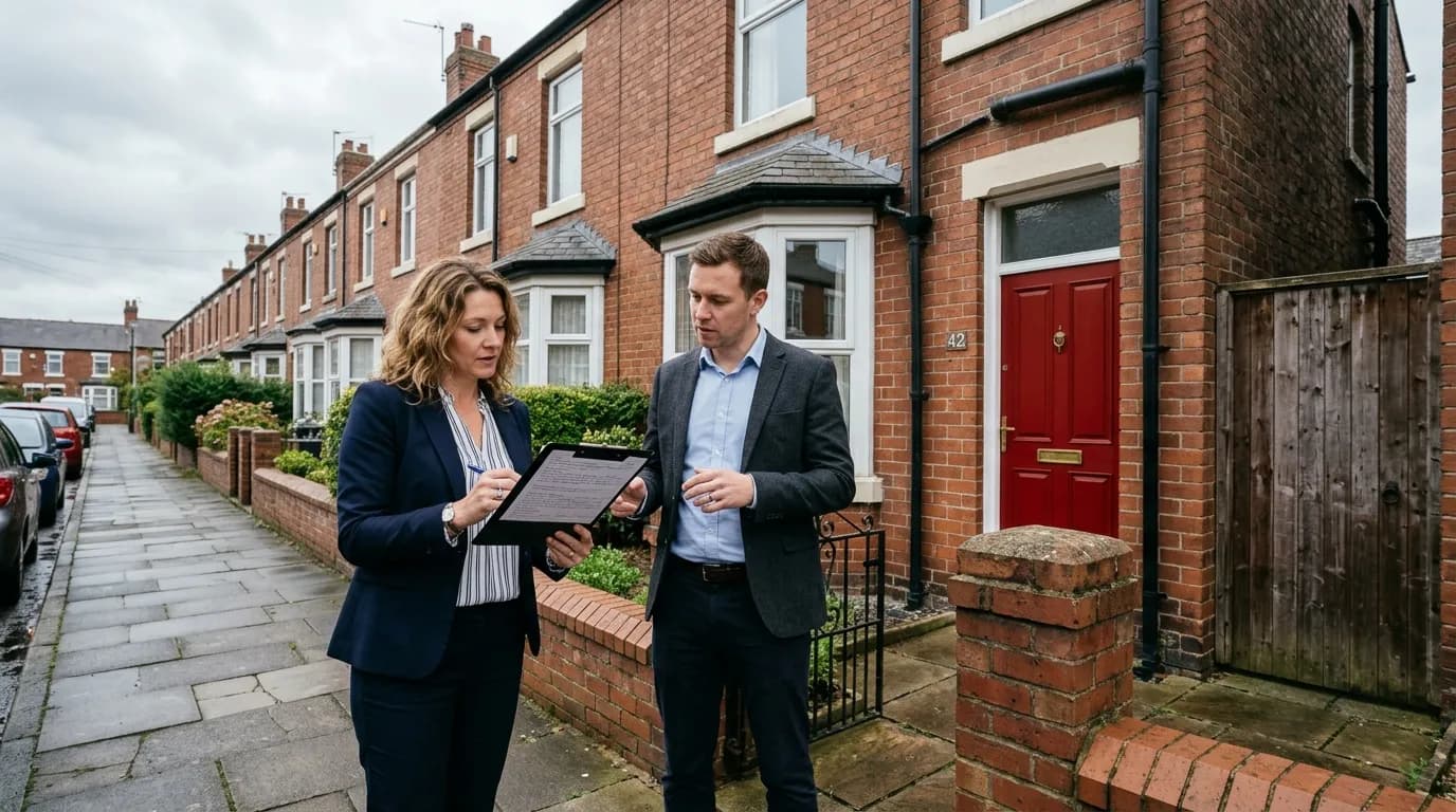 landlord and letting agent outside a UK rental property needing an EPC